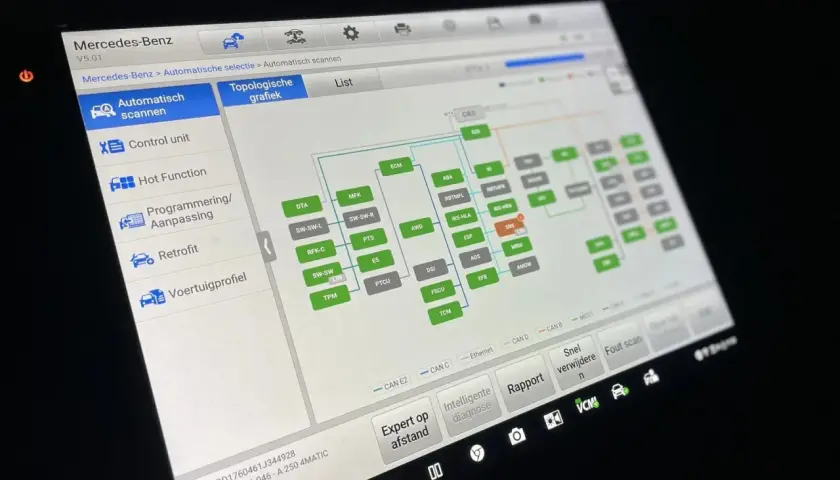 Mercedes-Benz Diagnose-Tool zeigt Topologie-Grafik mit Modulen, die über das doip protocol kommunizieren.