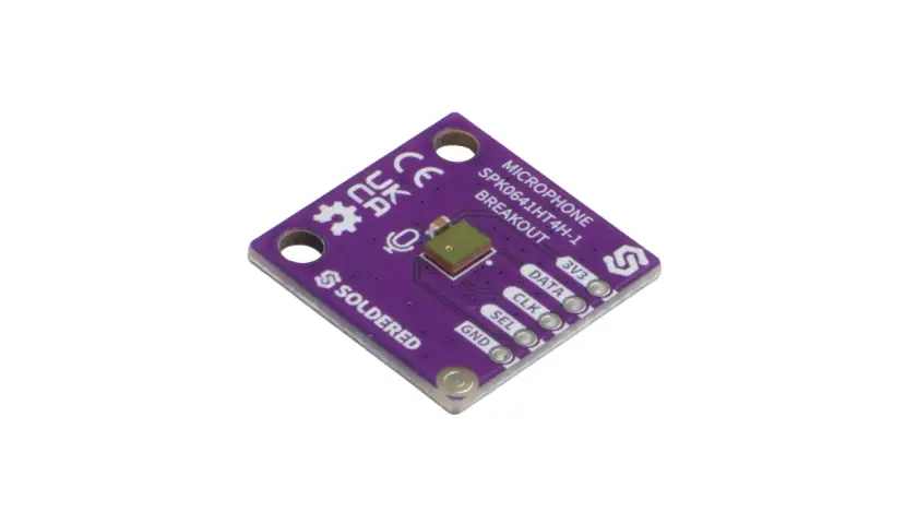 Lila Platine mit einem MEMS-Mikrofon-Breakout-Board, beschriftet mit "MICROPHONE SPK0641HT4H-1 BREAKOUT", "SOLDERE D", "3V3", "DATA", "CLK", "SEL", "GND".