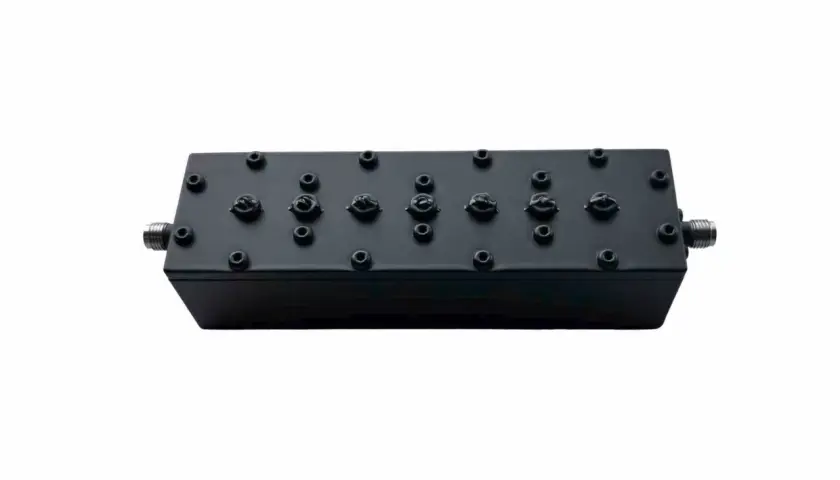 Schwarzes Gehäuse mit mehreren Anschlüssen und Reglern, ein Bandstop-Filter für präzise Frequenzselektion.