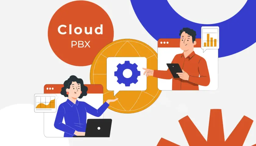 Cloud PBX: Zwei Personen interagieren mit einer digitalen Oberfläche, die ein Zahnradsymbol und Diagramme zeigt.
