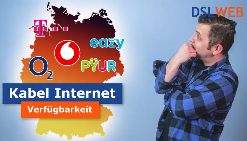 Mann überlegt, ob Kabel Internet verfügbar ist. Logos von Telekom, Vodafone, O2, easy, PYUR.