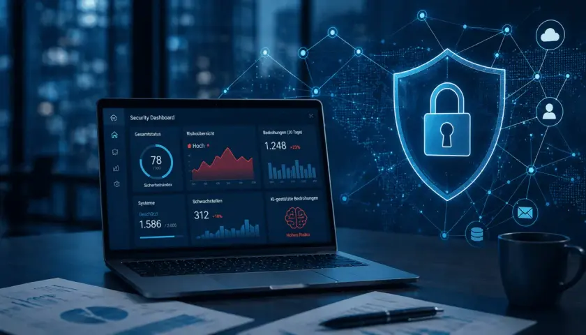 Sicherheits-Dashboard zeigt Bedrohungen und Schwachstellen, warnt vor IoT Hacking. Ein Schloss-Symbol auf einem Schild symbolisiert Schutz.