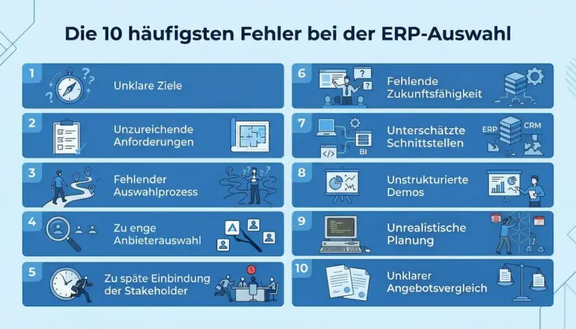 Die 10 häufigsten Fehler bei der ERP-Auswahl, u.a. unklare Ziele, unzureichende Anforderungen, fehlende Zukunftsfähigkeit, unterschätzte Schnittstellen, unrealistische Planung und unklarer Angebotsvergleich.