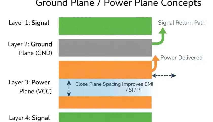 Schichtenaufbau: Signal, **Ground Plane** (GND), Power Plane (VCC), Signal. Zeigt Signalrückpfad und Stromlieferung.