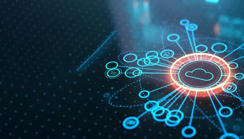 Vernetzte Geräte empfangen ein **remote IoT software update** über eine leuchtende Cloud-Verbindung.