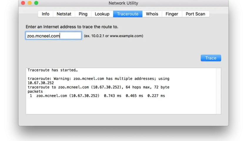 Tracert-Ergebnis für zoo.mcneel.com in Network Utility. Zeigt den Netzwerkpfad und die Latenz an.