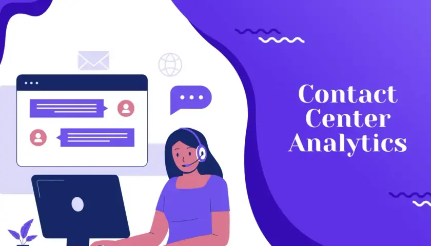 Eine Frau mit Headset arbeitet am Computer, während auf dem Bildschirm Chatnachrichten und ein Briefsymbol erscheinen. Der Text "Contact Center Analytics" ist prominent platziert.