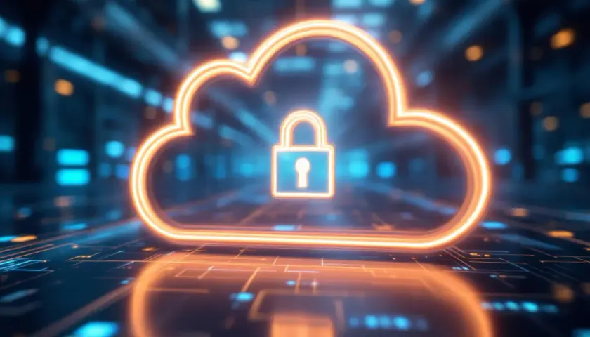 Leuchtende Wolke mit Schloss-Symbol, das die Sicherheit einer IIoT-Plattform symbolisiert, vor einem Hintergrund aus digitalen Schaltkreisen.