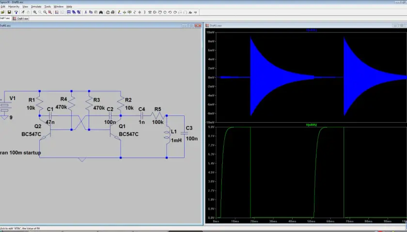 Elektronische Schaltung mit Transistoren, Widerständen und Kondensatoren, die einen Schwingkreis bildet. Oszilloskop-Diagramme zeigen gedämpfte Schwingungen und einen Rechteckimpuls.