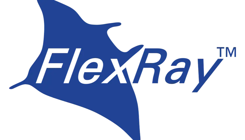 Blauer Mantarochen mit dem Schriftzug "FlexRay™". Ein starker Kontrast zu CAN-Bussen in der Automobiltechnik.