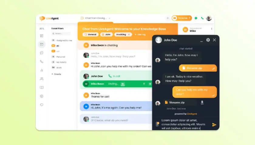 LiveAgent-Oberfläche mit Chat-Verlauf, der einen Kundenanruf und die Bearbeitung von Anfragen zeigt.