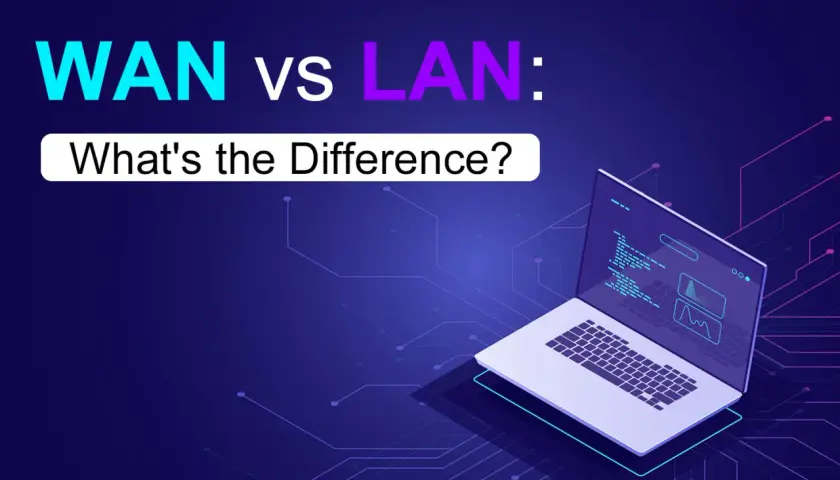WAN vs LAN: Ein Laptop zeigt Code und Diagramme, um den Unterschied zwischen globalen und lokalen Netzwerken zu erklären.