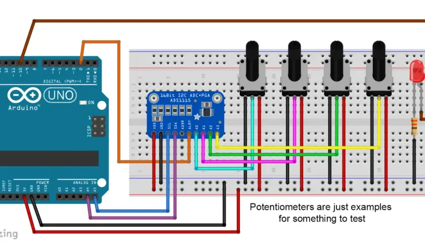 Arduino-Schaltung mit ADS1115 16-Bit ADC, Potentiometern und LED. Der flash ADC wird getestet.