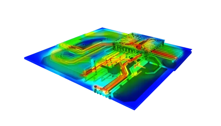 Simulation einer Leiterplatte mit farbkodierter Stromverteilung. Rot zeigt hohe Aktivität, Blau niedrige. Ein starker Stromfluss verursacht einen "ground bounce".