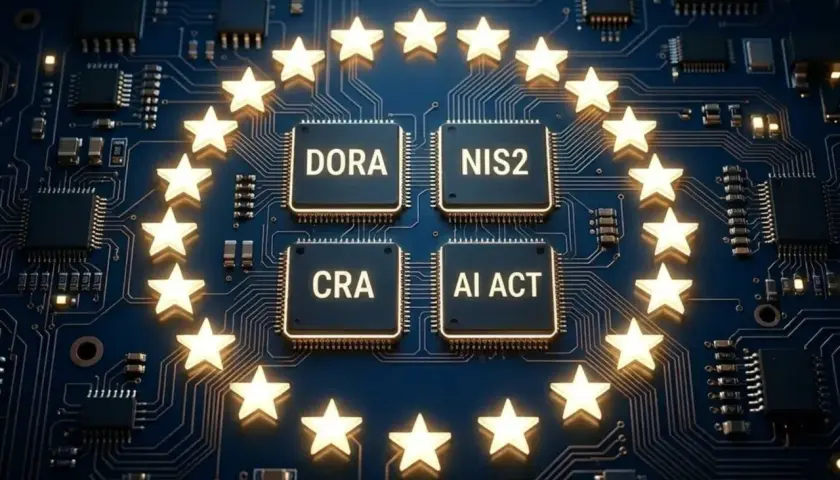 Europäische Sterne umkreisen Chips mit DORA, NIS2, CRA, AI ACT. Dies symbolisiert die Stärkung der **iot cybersecurity** durch neue EU-Regulierungen.