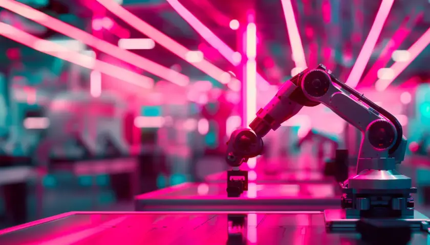 Roboterarm greift nach einem Bauteil, umgeben von leuchtenden Neonlichtern. KI am Rande der Zukunft, bereit für neue Aufgaben.
