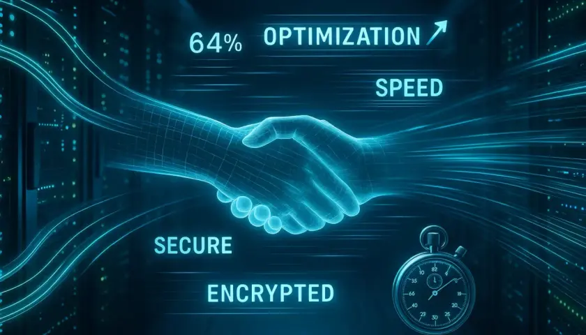 Ein schneller, sicherer und verschlüsselter Handshake symbolisiert 64% Optimierung und Geschwindigkeit.