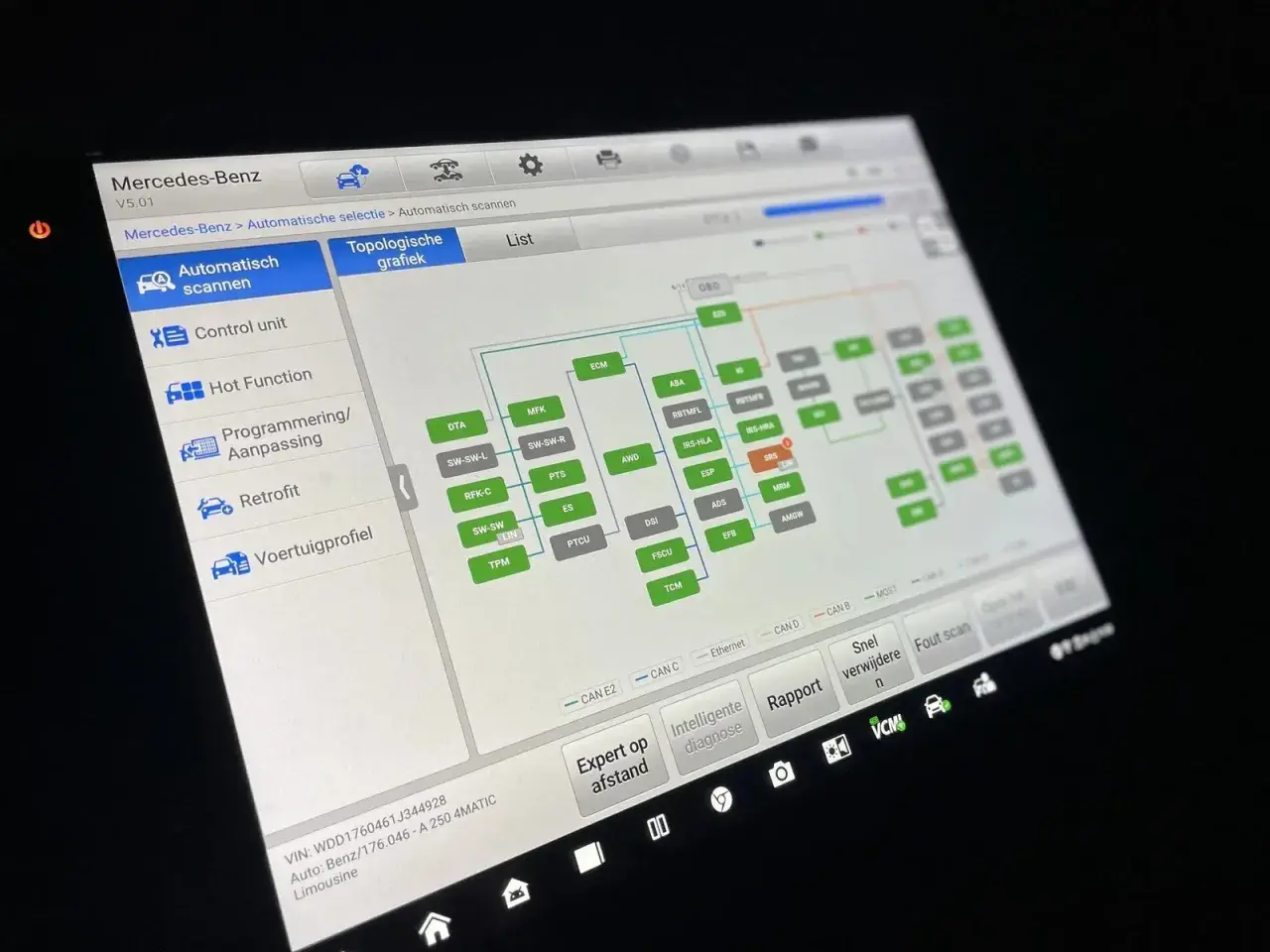 Mercedes-Benz Diagnose-Tool zeigt Topologie-Grafik mit Modulen, die über das doip protocol kommunizieren.