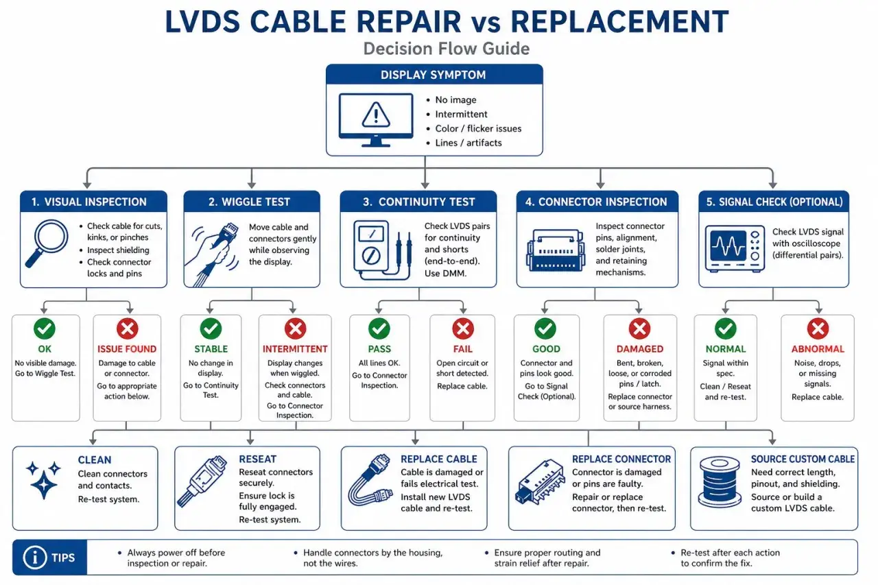 Flussdiagramm zur Fehlerbehebung bei LVDS-Kabeln: Visuelle Prüfung, Wiggle-Test, Durchgangsprüfung, Anschlussinspektion und Signalprüfung mit Oszilloskop zur Analyse des LVDS-Signals.