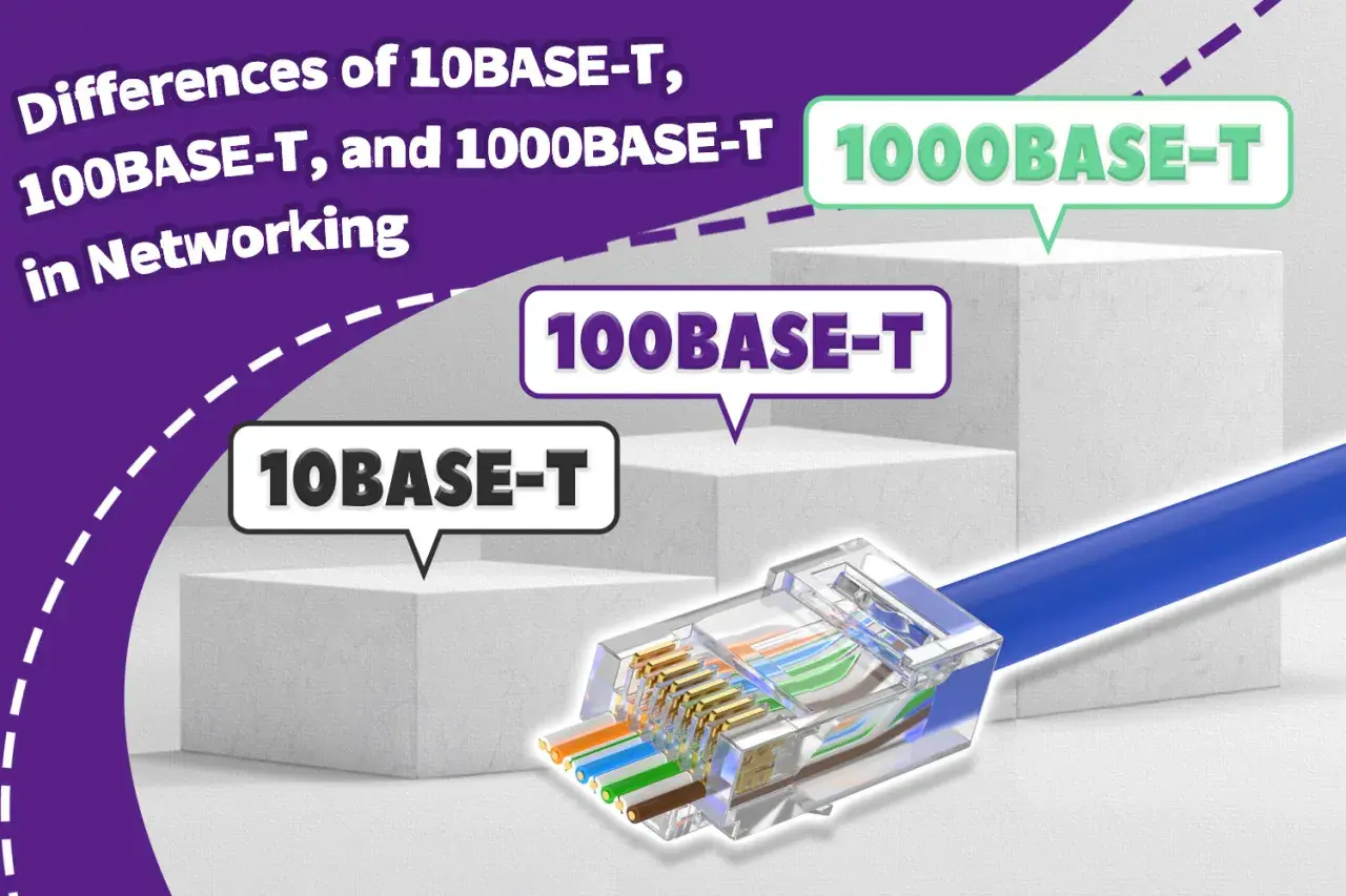 Netzwerk-Kabel mit RJ45-Stecker. Beschriftungen zeigen Unterschiede zwischen 10BASE-T, 100BASE-T und 1000BASE-T.