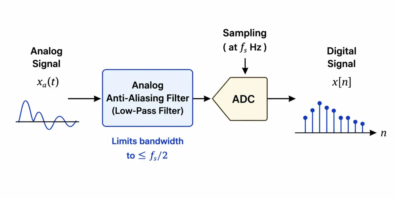 Schema zeigt, wie ein analoges Signal durch einen **anti-aliasing filter** (Tiefpassfilter) geleitet wird, bevor es von einem ADC digitalisiert wird, um Aliasing zu vermeiden.