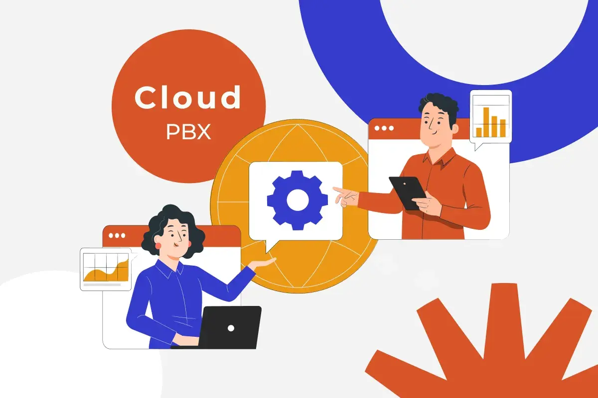 Cloud PBX: Zwei Personen interagieren mit einer digitalen Oberfläche, die ein Zahnradsymbol und Diagramme zeigt.