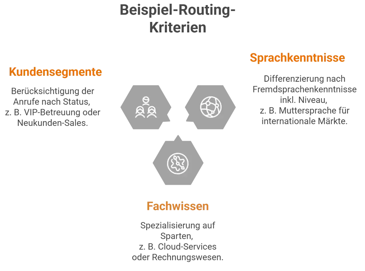 Beispiel-Routing-Kriterien: Kundensegmente, Sprachkenntnisse und Fachwissen für effektives skills based routing.