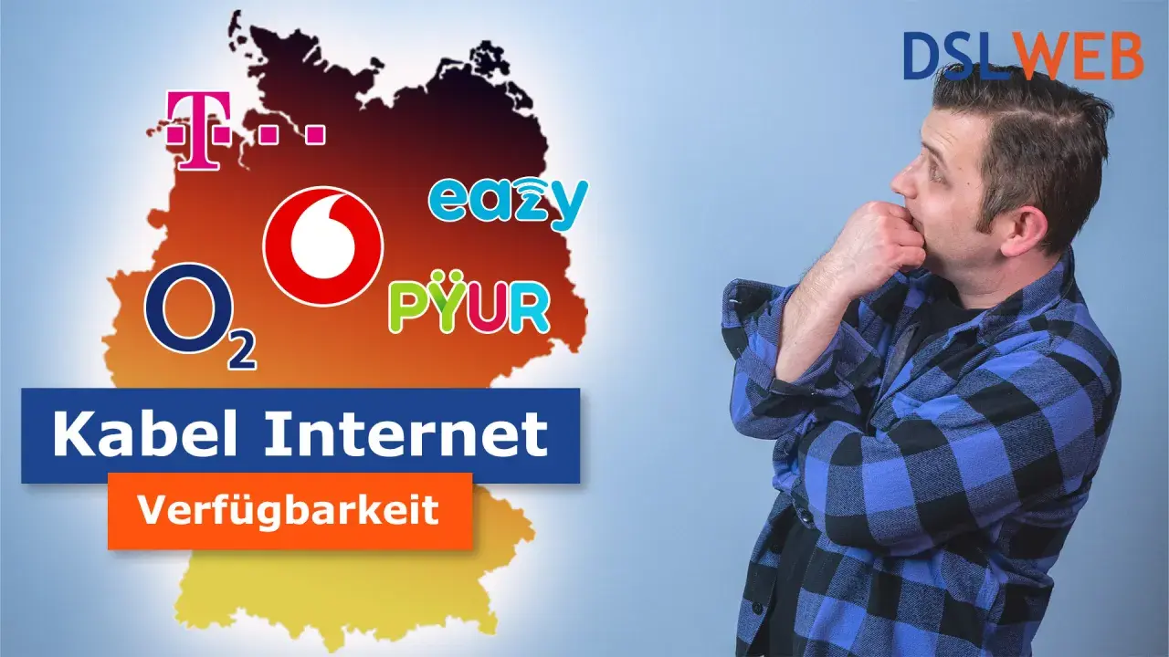 Mann überlegt, ob Kabel Internet verfügbar ist. Logos von Telekom, Vodafone, O2, easy, PYUR.