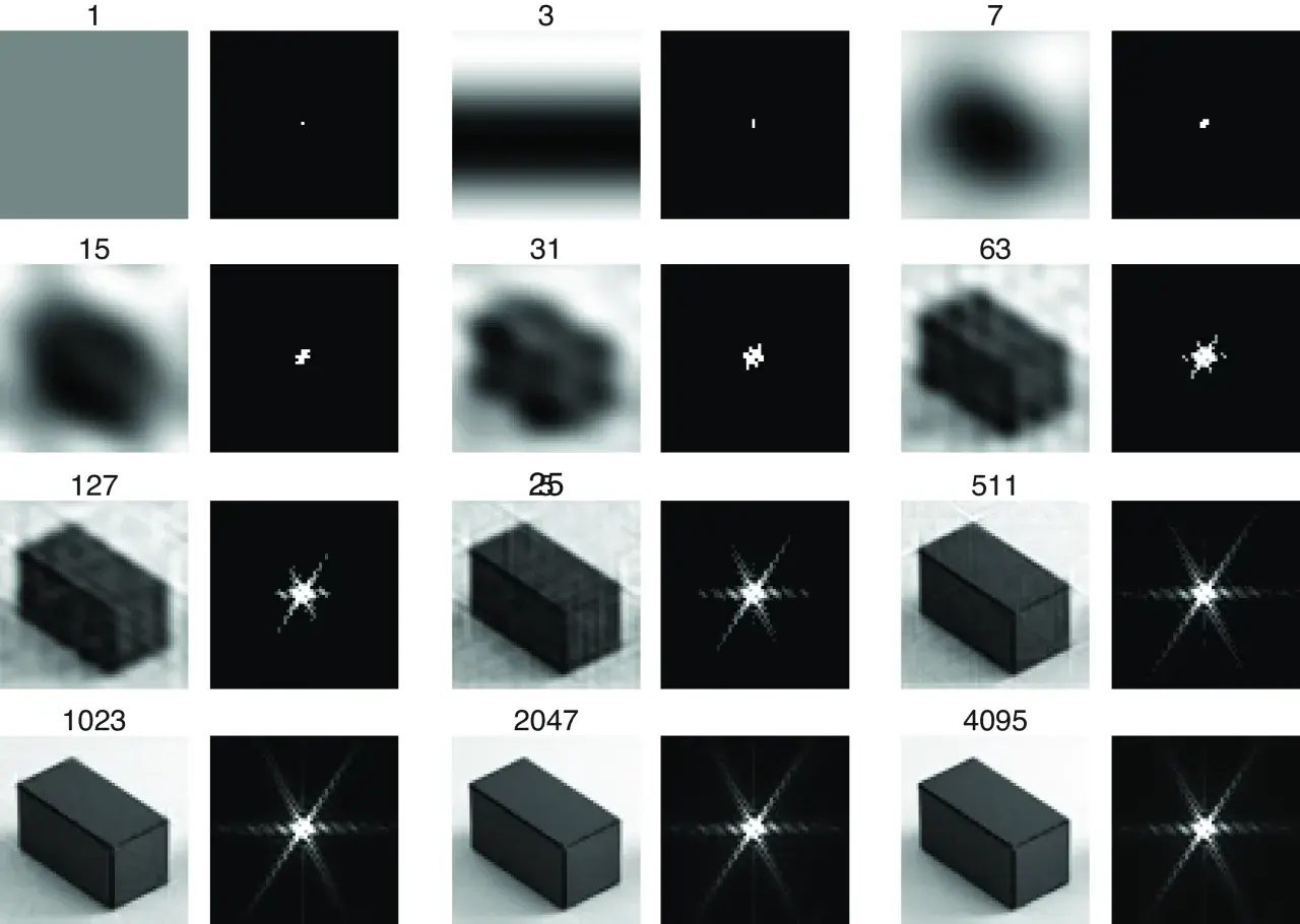 Bilder zeigen die Rekonstruktion eines Objekts mit zunehmender Anzahl von Termen der Fourier-Reihe-Formel.