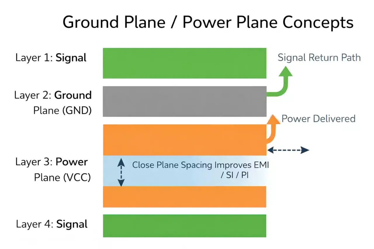 Schichtenaufbau: Signal, **Ground Plane** (GND), Power Plane (VCC), Signal. Zeigt Signalrückpfad und Stromlieferung.