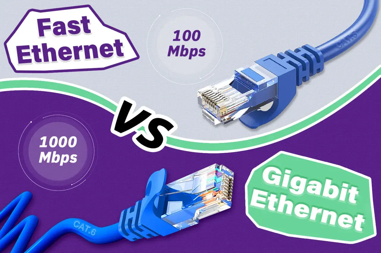 Vergleich von Fast Ethernet (100 Mbps) und Gigabit Ethernet (1000 Mbps) mit blauen LAN-Kabeln.