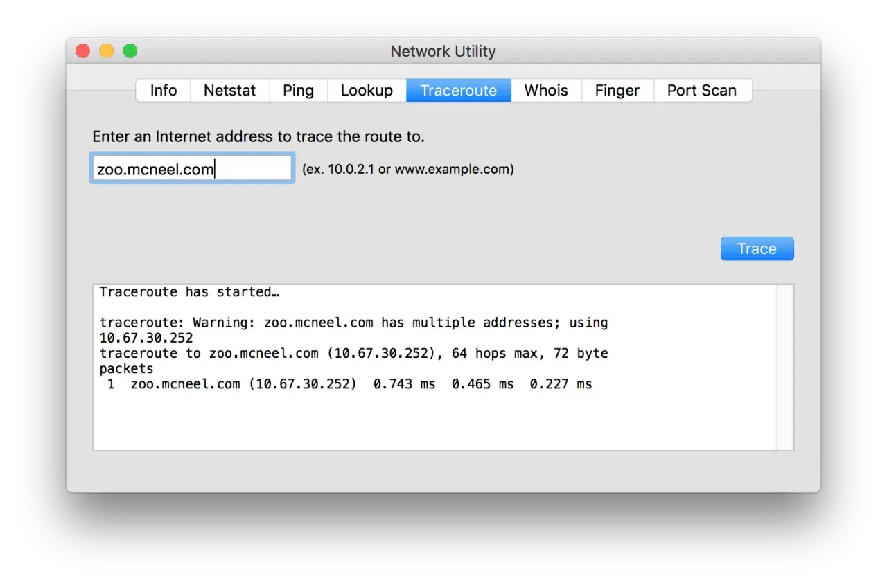 Tracert-Ergebnis für zoo.mcneel.com in Network Utility. Zeigt den Netzwerkpfad und die Latenz an.