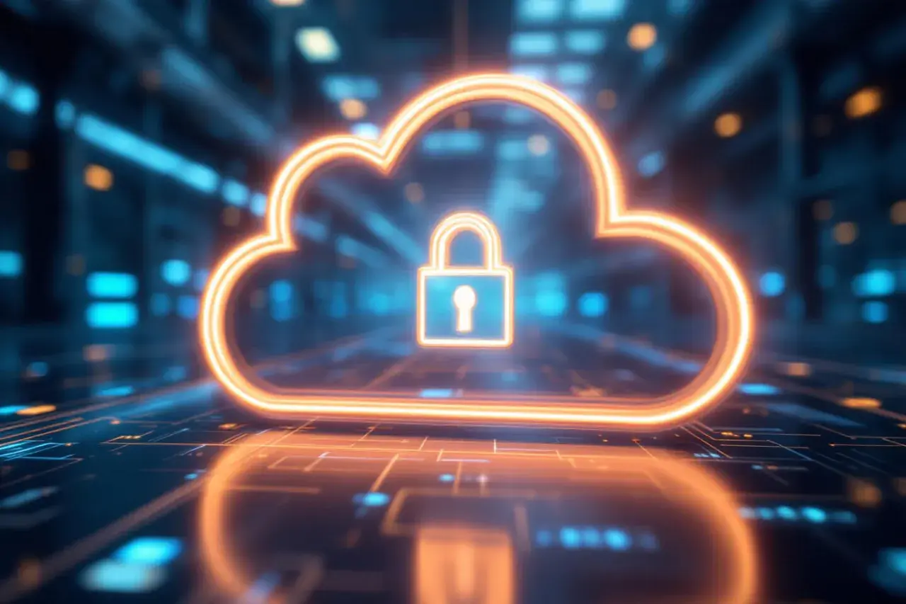 Leuchtende Wolke mit Schloss-Symbol, das die Sicherheit einer IIoT-Plattform symbolisiert, vor einem Hintergrund aus digitalen Schaltkreisen.