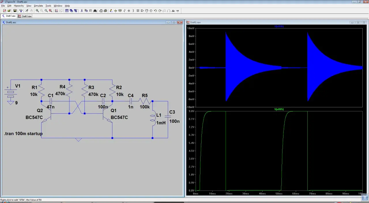 Elektronische Schaltung mit Transistoren, Widerständen und Kondensatoren, die einen Schwingkreis bildet. Oszilloskop-Diagramme zeigen gedämpfte Schwingungen und einen Rechteckimpuls.