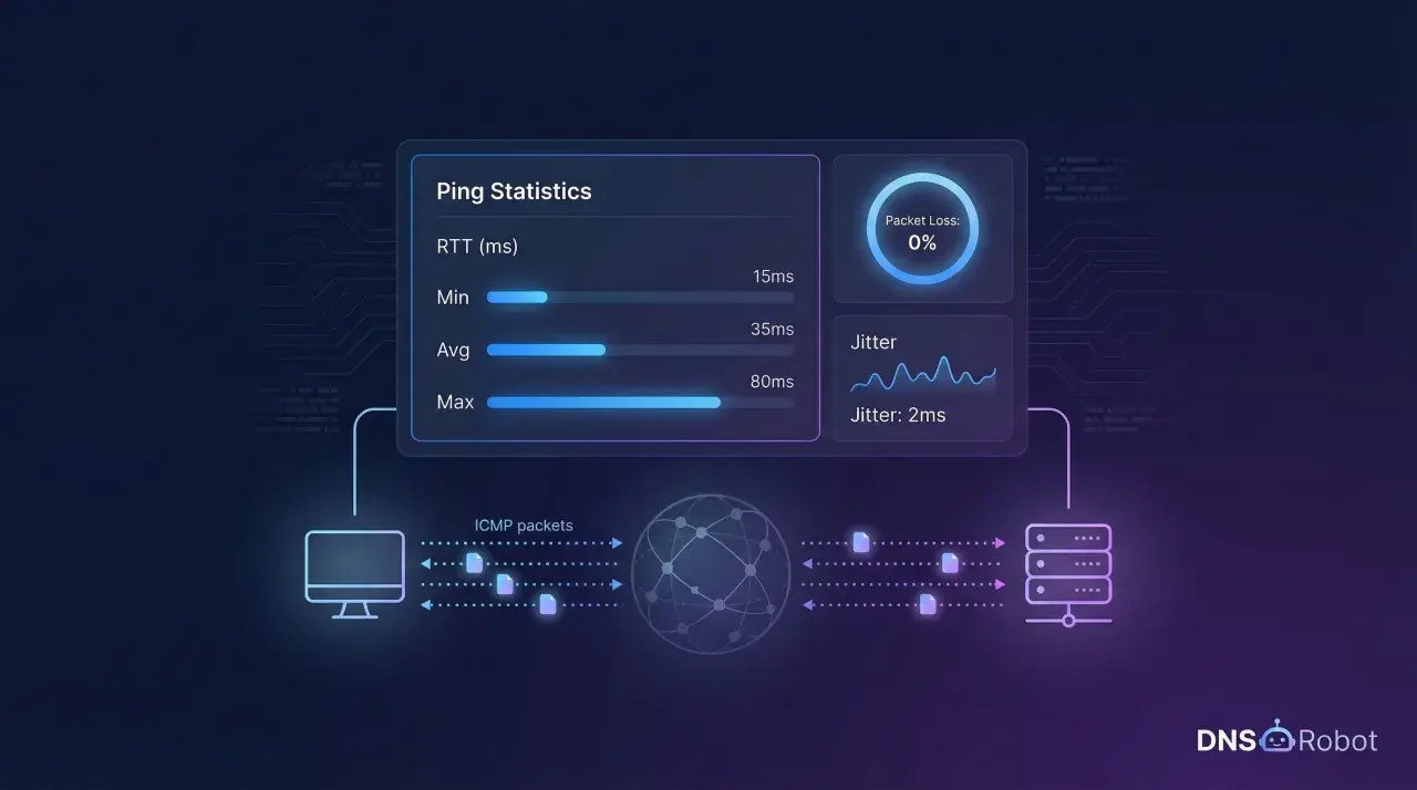 Ping-Statistiken zeigen geringen Jitter und 0% Paketverlust, ideal für einen VoIP-Test.