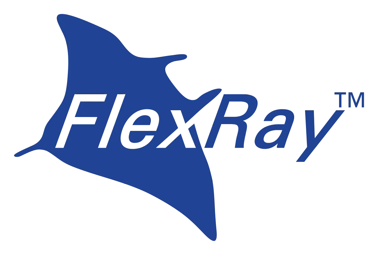Blauer Mantarochen mit dem Schriftzug "FlexRay™". Ein starker Kontrast zu CAN-Bussen in der Automobiltechnik.