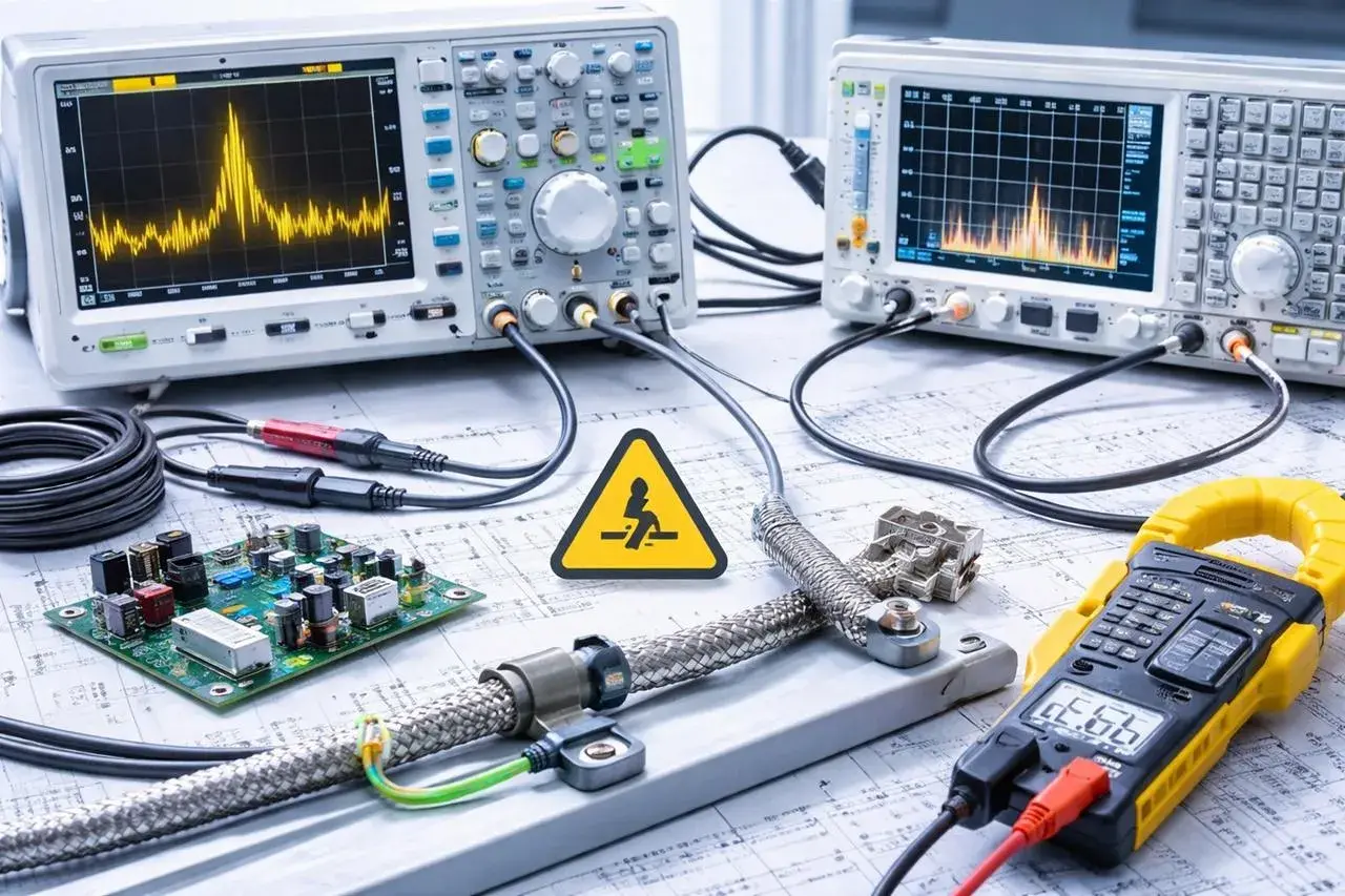 Oszilloskope, Leiterplatte und ein common mode choke im Labor. Messgeräte und Kabel sind für Tests vorbereitet.