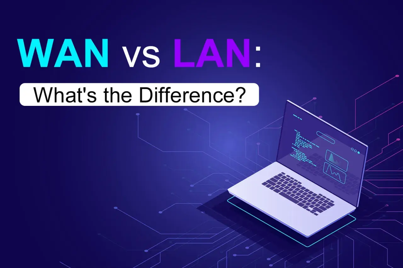 WAN vs LAN: Ein Laptop zeigt Code und Diagramme, um den Unterschied zwischen globalen und lokalen Netzwerken zu erklären.
