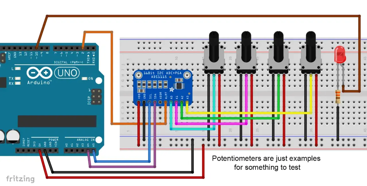 Arduino-Schaltung mit ADS1115 16-Bit ADC, Potentiometern und LED. Der flash ADC wird getestet.
