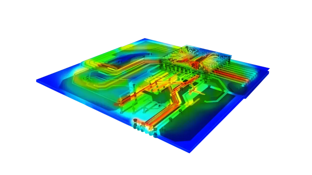 Simulation einer Leiterplatte mit farbkodierter Stromverteilung. Rot zeigt hohe Aktivität, Blau niedrige. Ein starker Stromfluss verursacht einen "ground bounce".