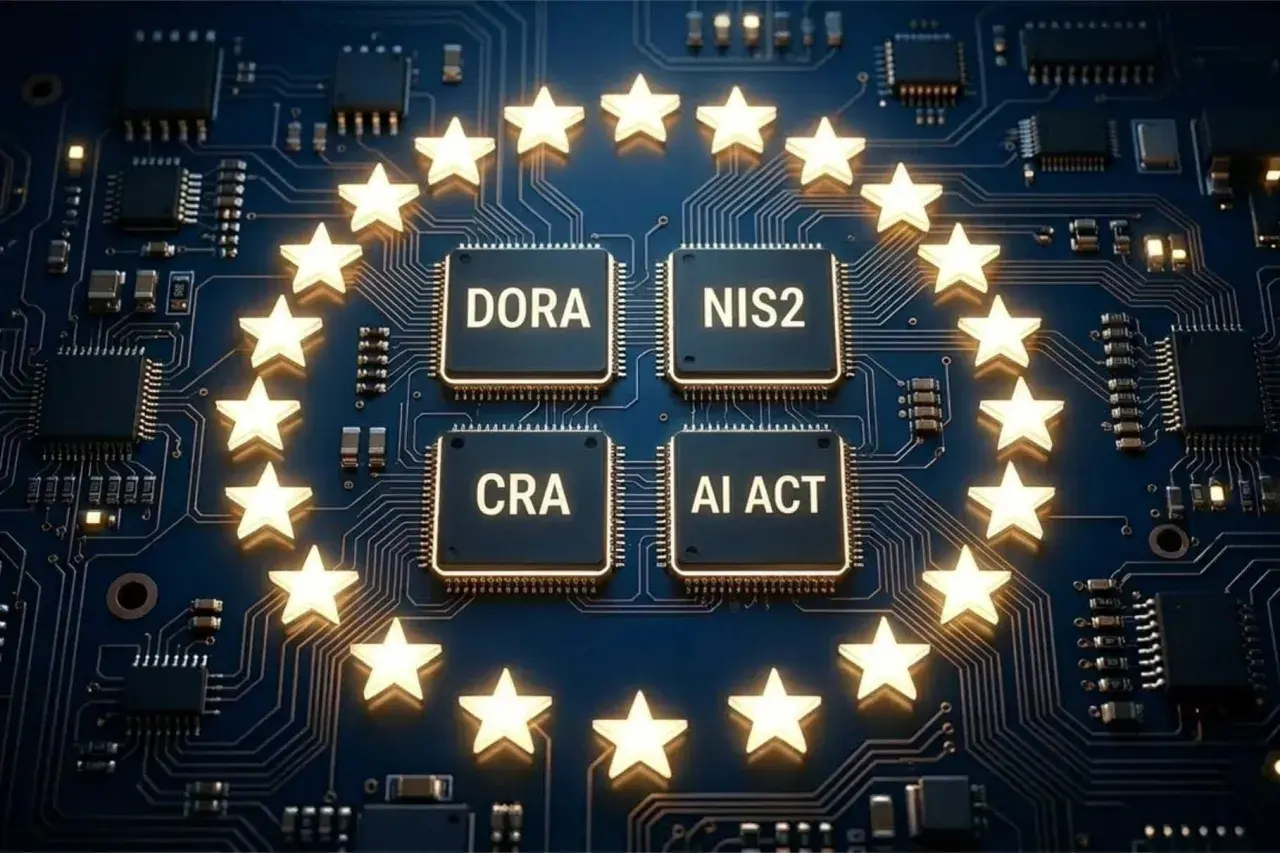 Europäische Sterne umkreisen Chips mit DORA, NIS2, CRA, AI ACT. Dies symbolisiert die Stärkung der **iot cybersecurity** durch neue EU-Regulierungen.