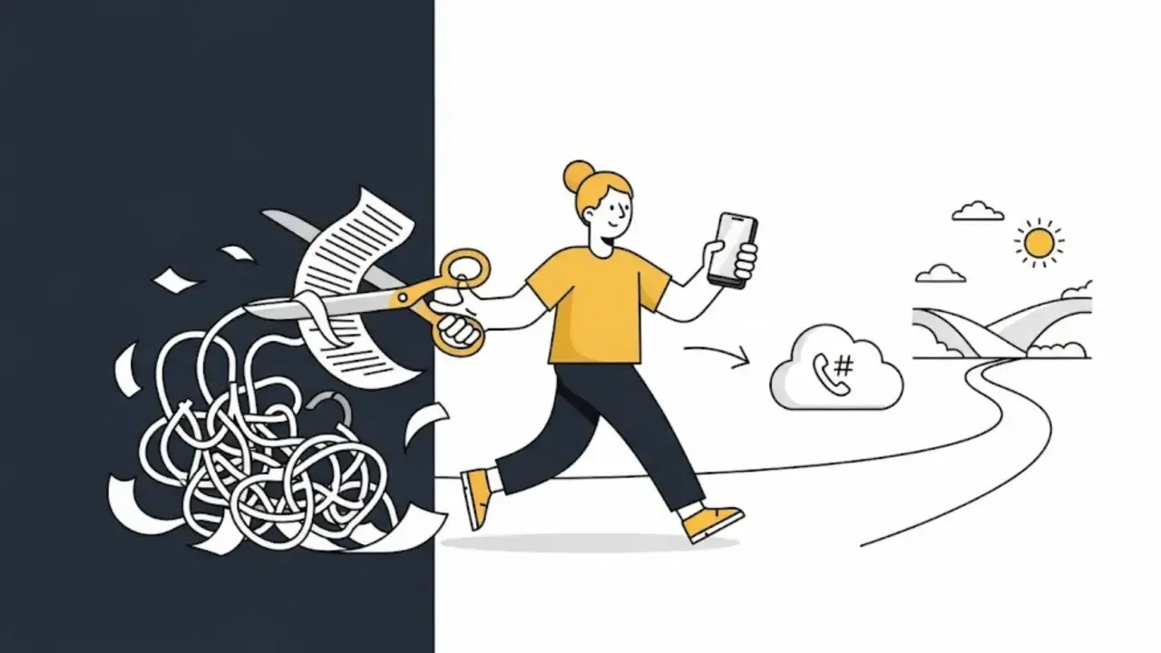 Frau schneidet Chaos mit Schere, geht mit Handy Richtung Cloud-Symbol. Das symbolisiert die Bedeutung von Portieren: Vereinfachung und Fortschritt.
