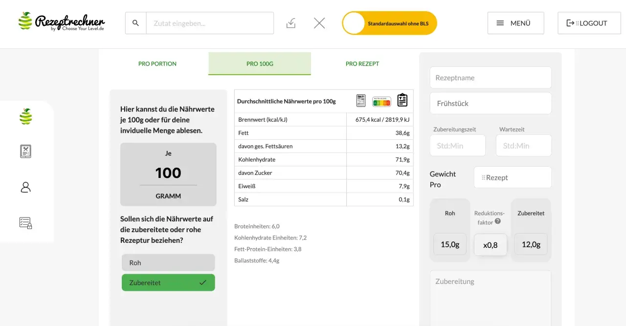 Nährwertangaben pro 100g für Frühstück, mit einem effektiven Anzahl von Bits zur Anzeige der Daten.
