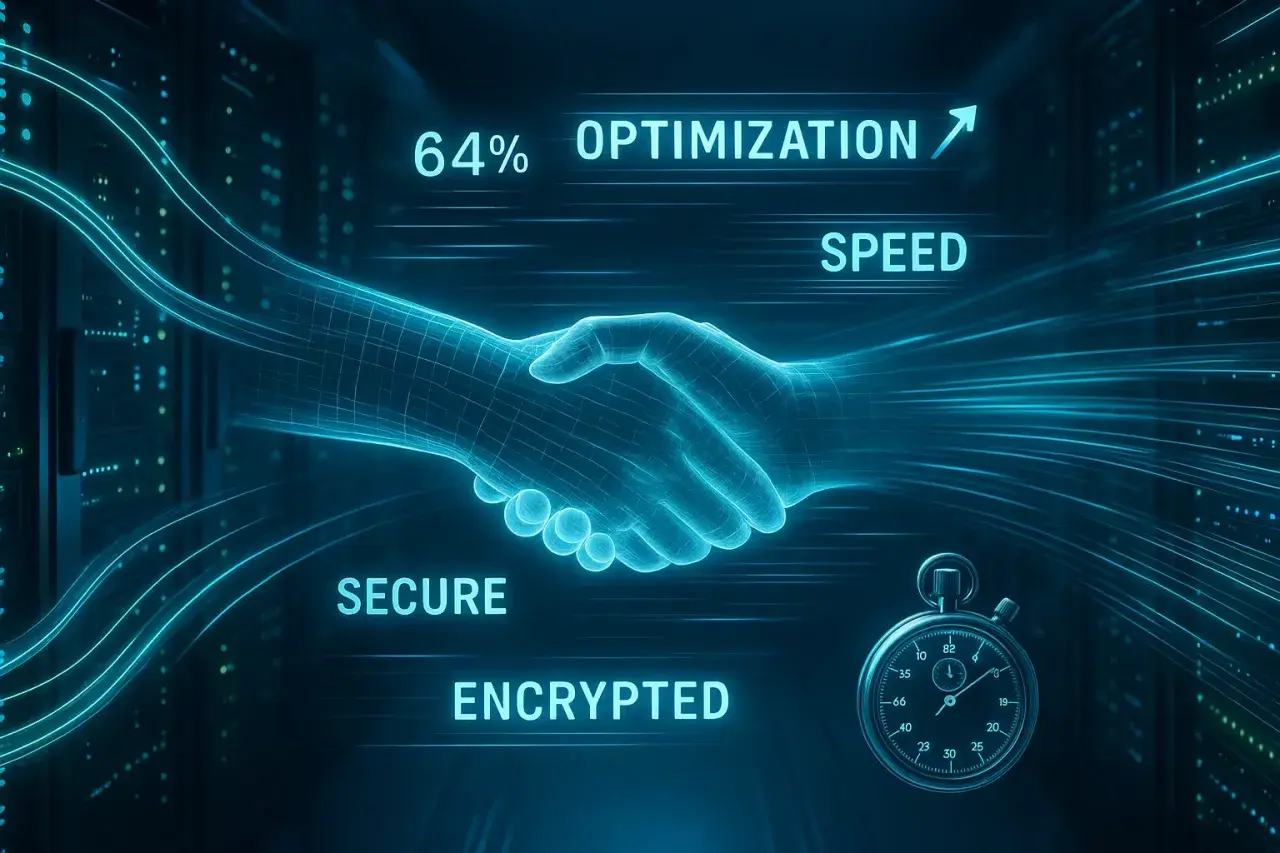 Ein schneller, sicherer und verschlüsselter Handshake symbolisiert 64% Optimierung und Geschwindigkeit.