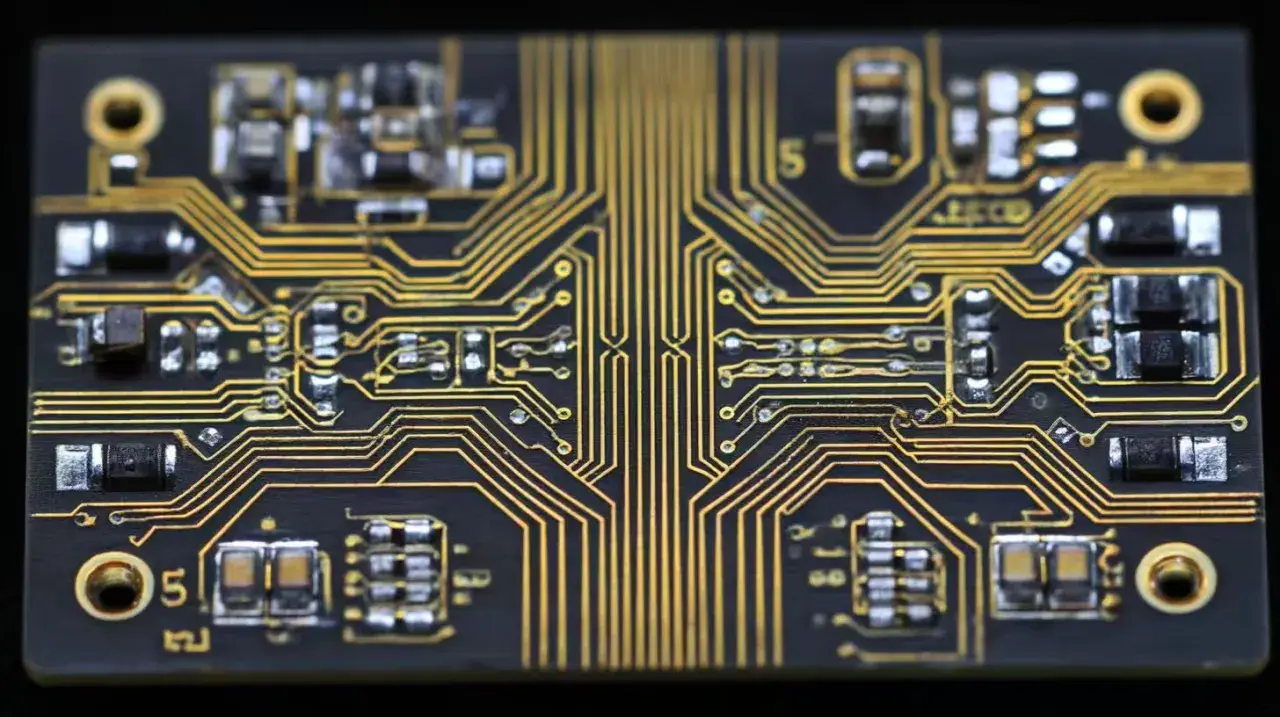 Detailaufnahme einer Leiterplatte mit goldenen Leiterbahnen und Bauteilen. Die präzise Anordnung deutet auf eine Anwendung hin, bei der der **dielektrische Verlusttangens** eine Rolle spielt.