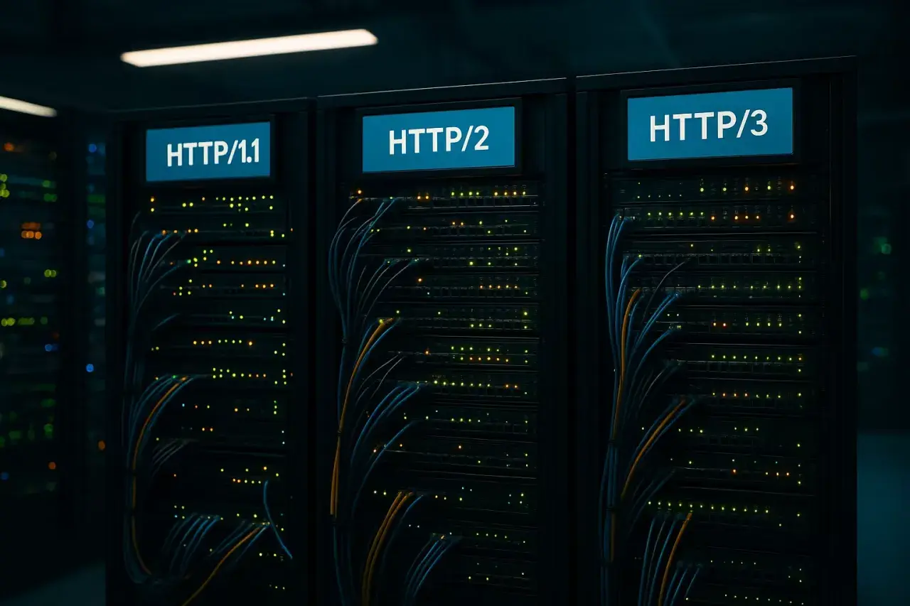 Server-Racks mit Beschriftungen HTTP/1.1, HTTP/2 und HTTP/3. Ein Blick auf die Entwicklung der Web-Protokolle im Rahmen eines HTTP3 Tests.