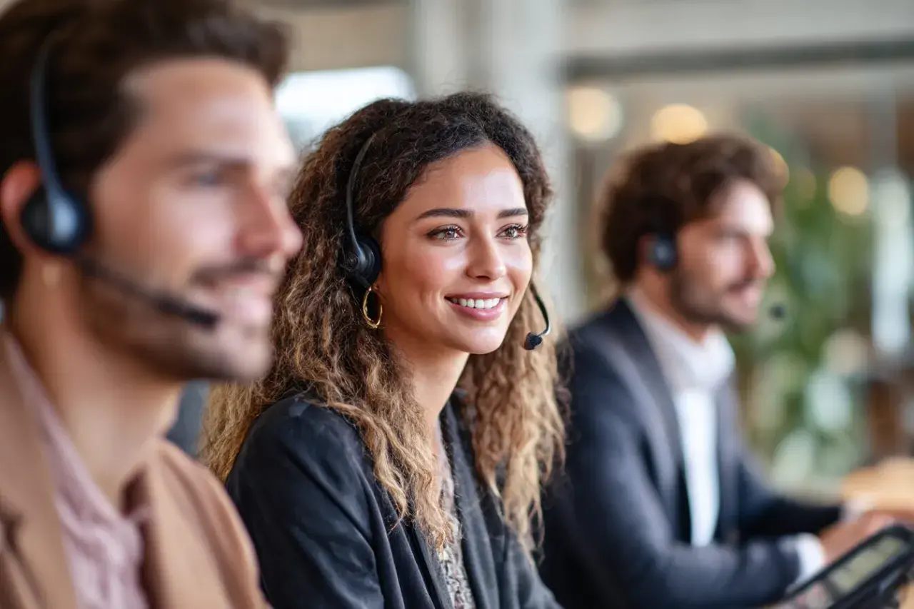 Ein Lächeln sagt mehr als tausend Worte, besonders bei einer Telko. Hier arbeiten Menschen mit Headsets, um Kunden zu helfen.