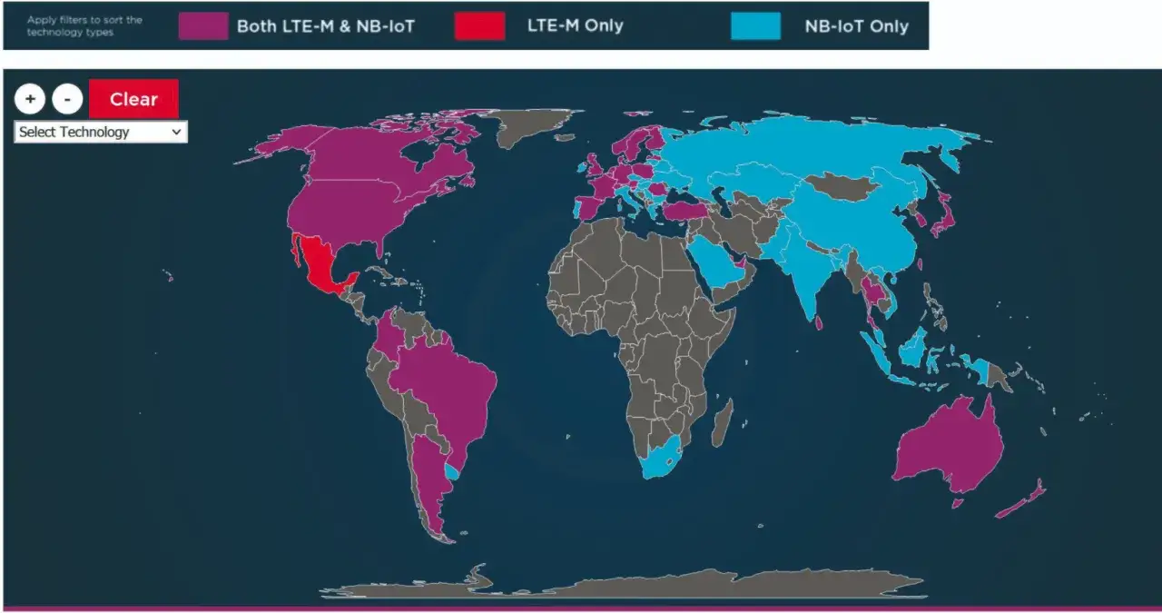 Weltkarte zeigt die Abdeckung von LTE-M und NB-IoT. Viele Länder nutzen beide Technologien, einige nur eine. Narrow band IoT ist global verfügbar.