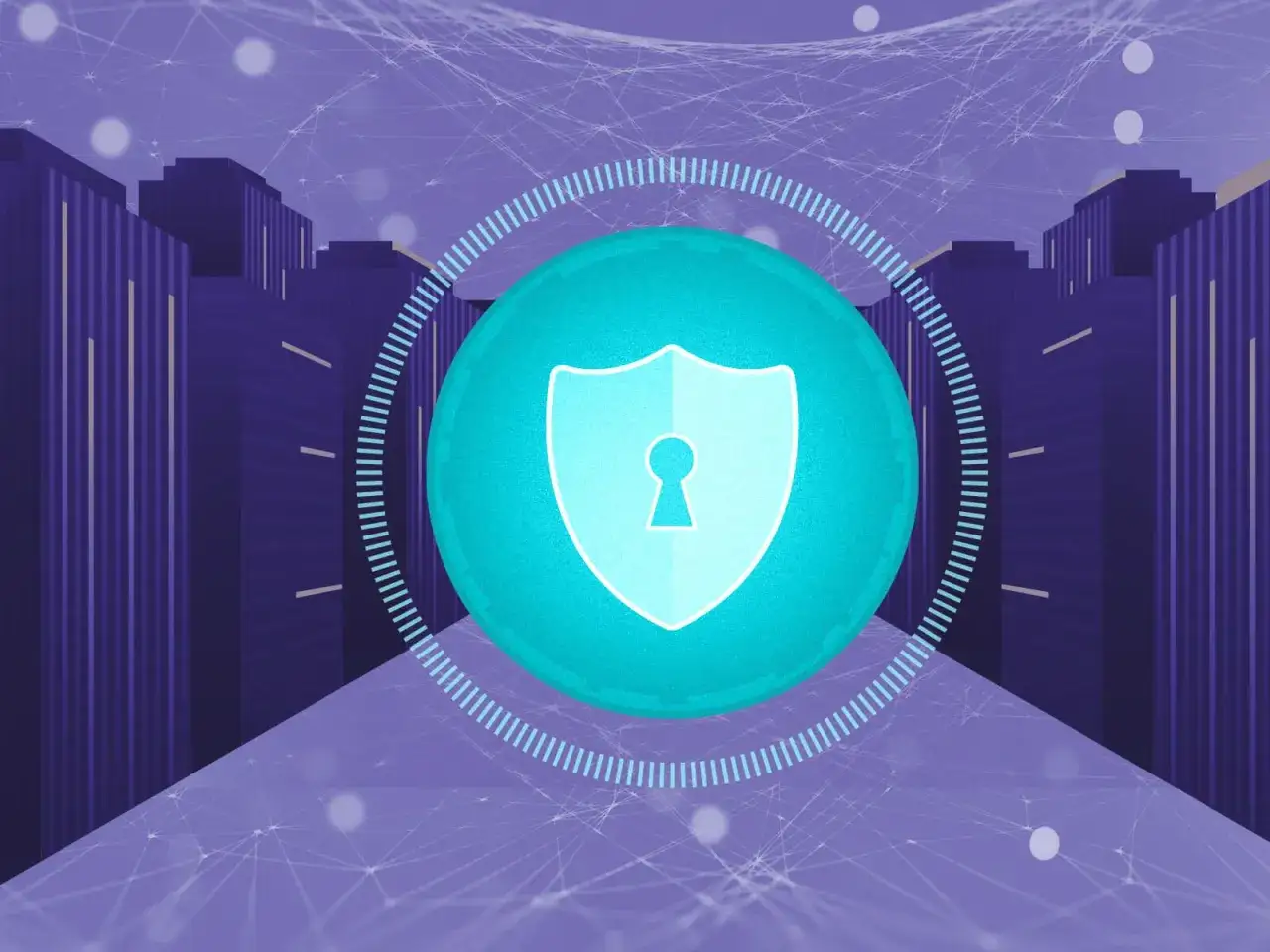 Sicheres Internet der Dinge: Ein Schild mit Schlüsselbundsymbol vor einer Stadtkulisse symbolisiert den Schutz im future of IoT.
