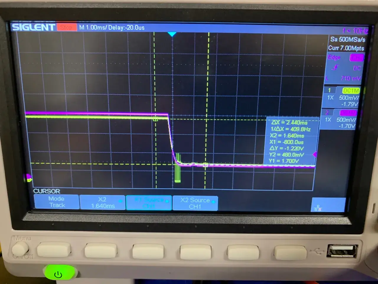 Oszilloskop zeigt einen fallenden UART-Signal-Pegel mit Messungen von Frequenz und Spannung.